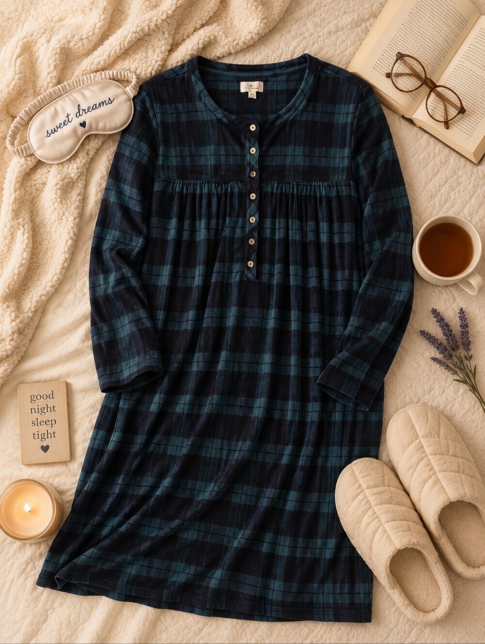 Aria Green Navy Plaid Velvety Soft L Sleeve Housecoat/robe/nightgown. Ladies 2X